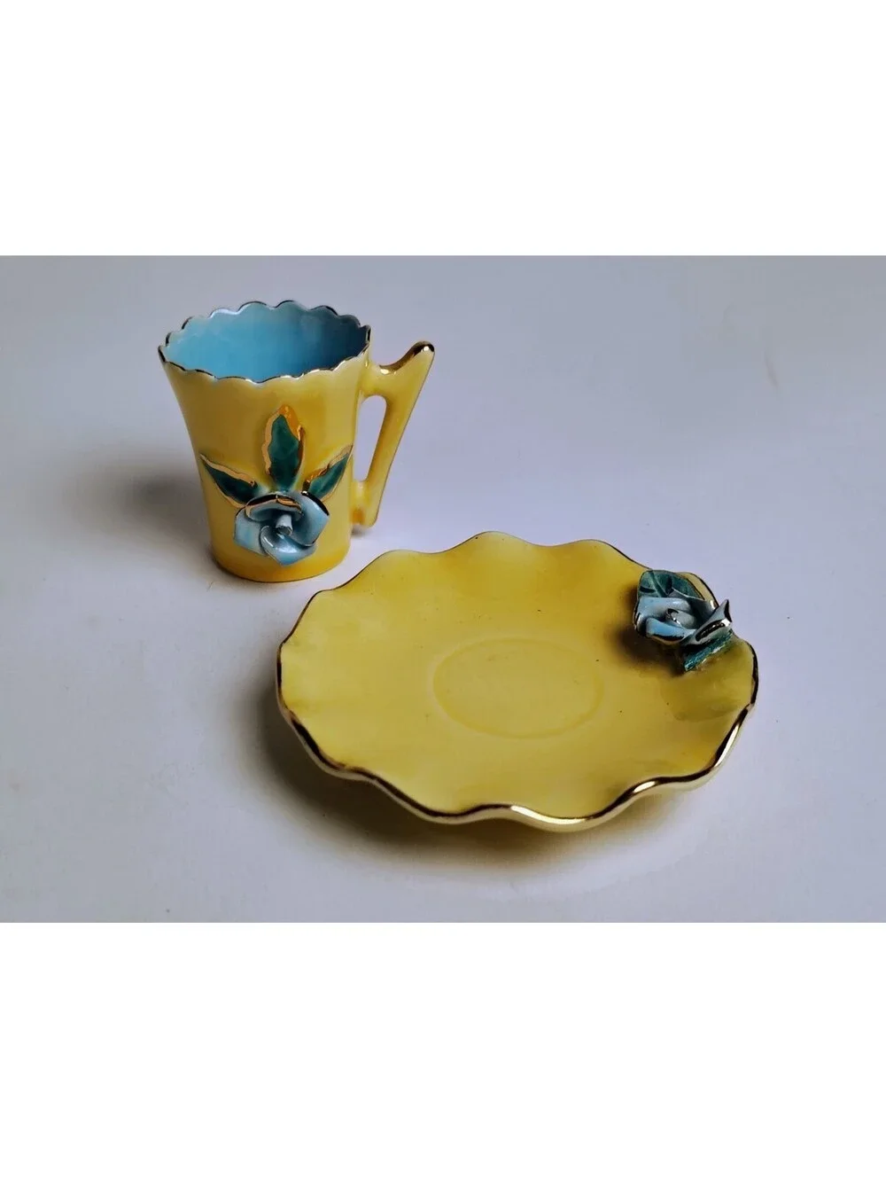 Vintage Porcelain Demitasse Cup Saucer Set Yellow Blue 3D Rose Flower Gilt Trim